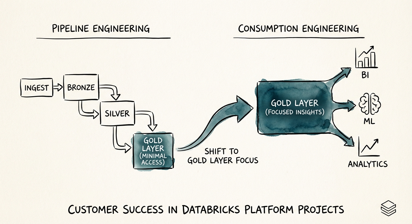A diagram comparing 'Pipeline Engineering' workflows versus 'Consumption Engineering' workflows, highlighting the shift to Gold Layer focus.