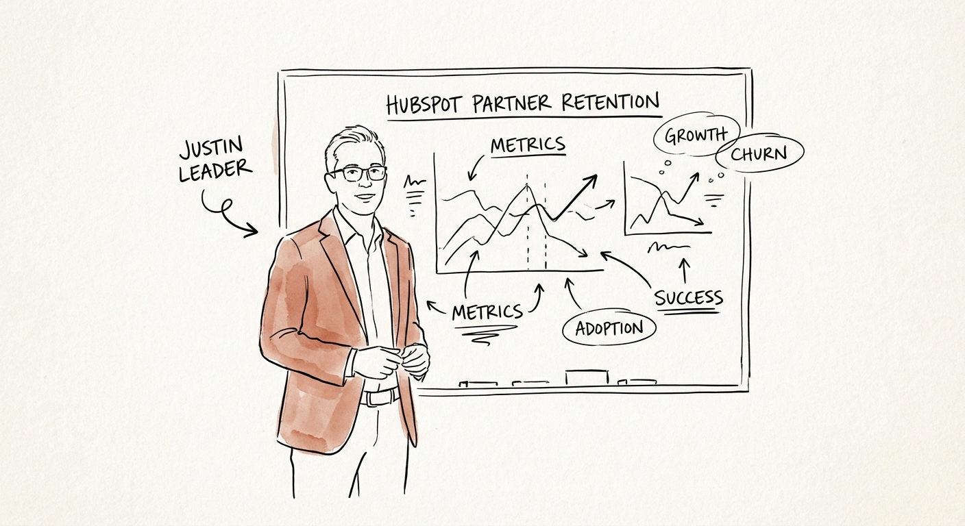 Justin Leader analyzing HubSpot partner retention metrics on a whiteboard