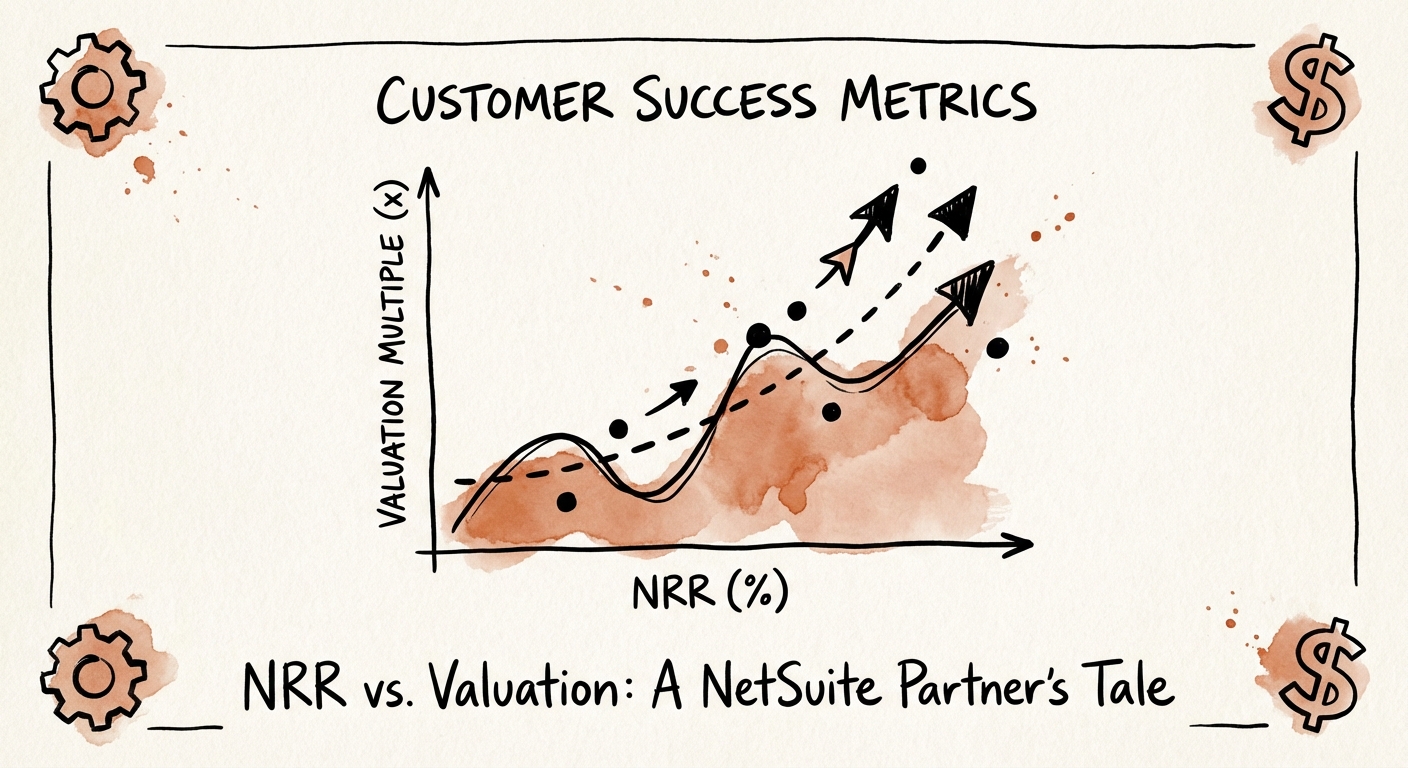 Chart showing the correlation between Net Revenue Retention (NRR) and valuation multiples for IT services firms.