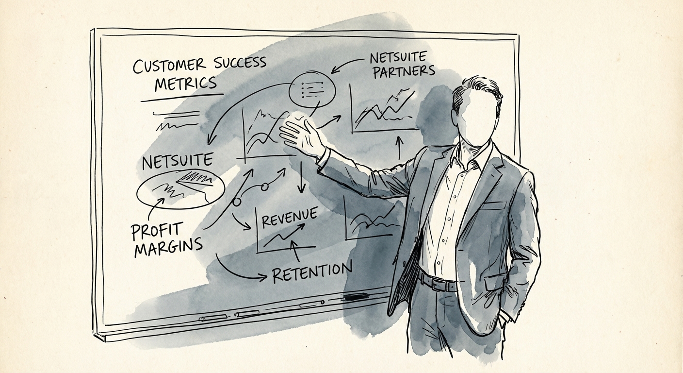 Justin Leader analyzing NetSuite partner profit margins and customer success metrics on a whiteboard.