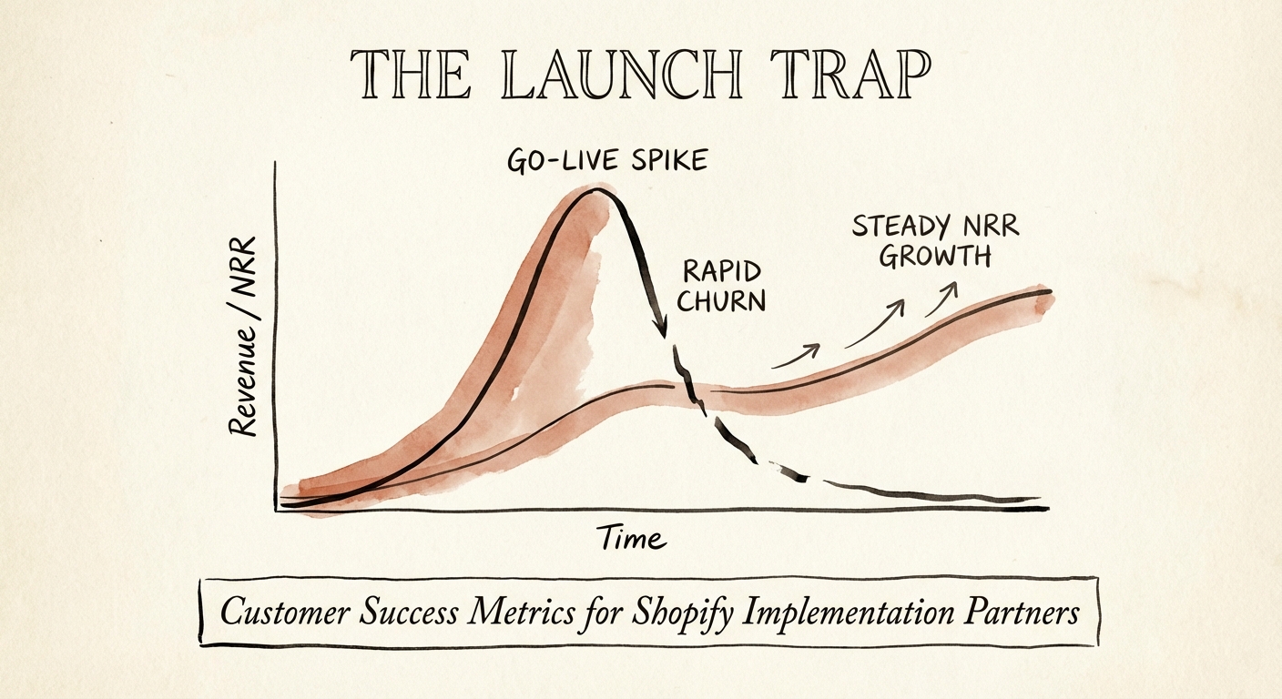 Diagram illustrating the 'Launch Trap': Revenue spikes at Go-Live followed by rapid churn vs. steady NRR growth.