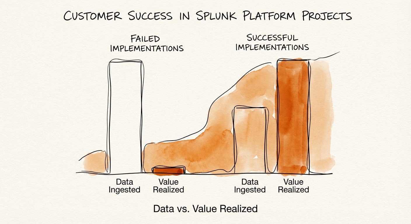 A bar chart comparing 'Data Ingested' vs. 'Value Realized' across failed and successful Splunk implementations.