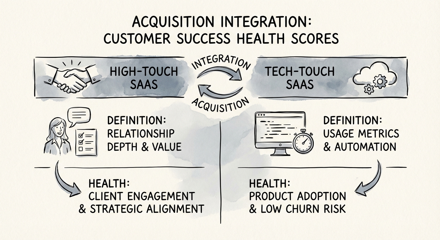 Comparison table of Customer Success 'Health Score' definitions between high-touch and tech-touch SaaS companies.