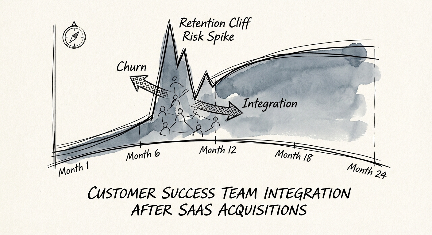 A diagnostic chart showing the 'Retention Cliff' in SaaS M&A, illustrating a spike in customer churn risk between months 6 and 12 post-acquisition.