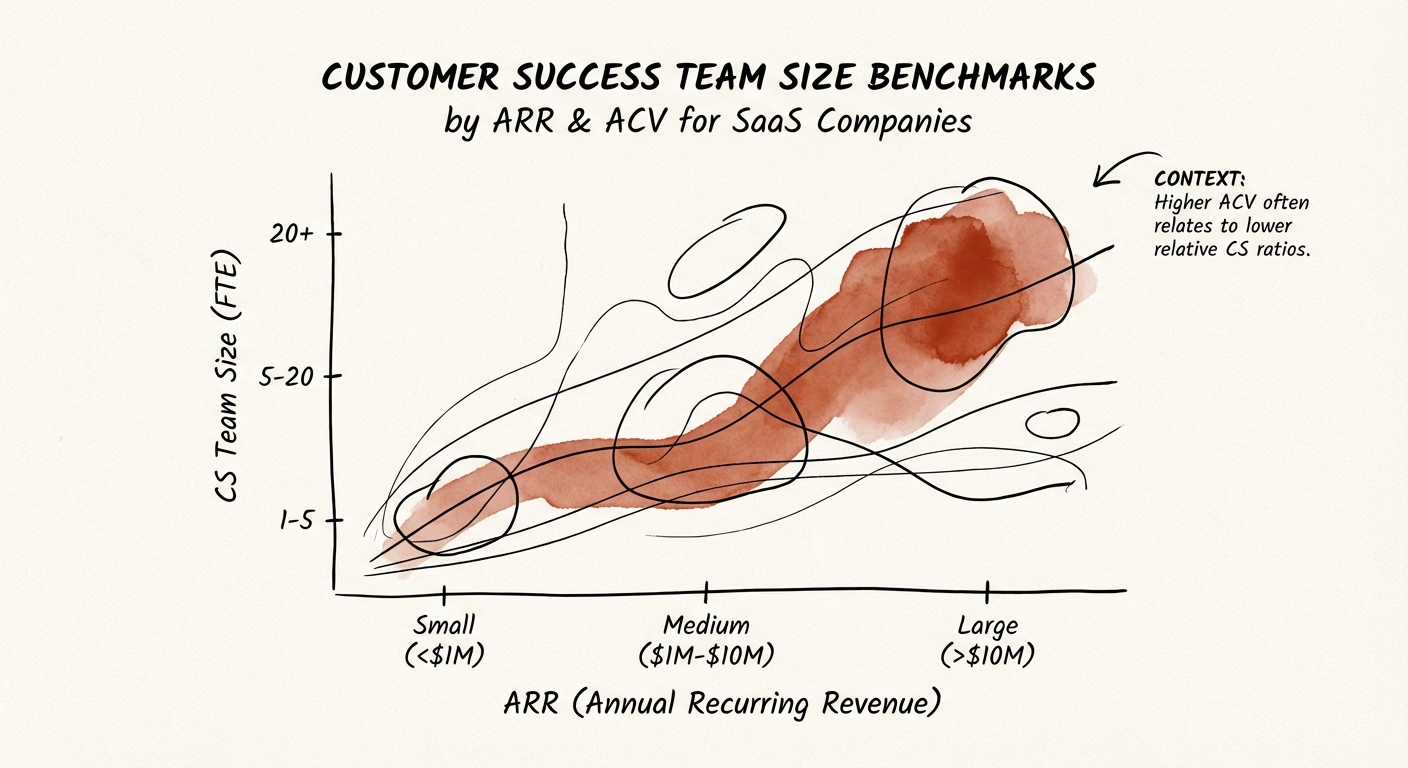 Graph showing Customer Success team size benchmarks by ARR and ACV for SaaS companies.