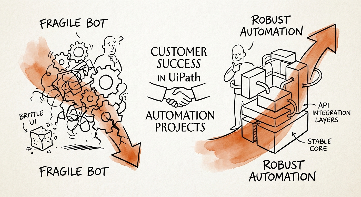 Comparison of 'Fragile Bot' architecture vs. 'Robust Automation' architecture showing API integration layers
