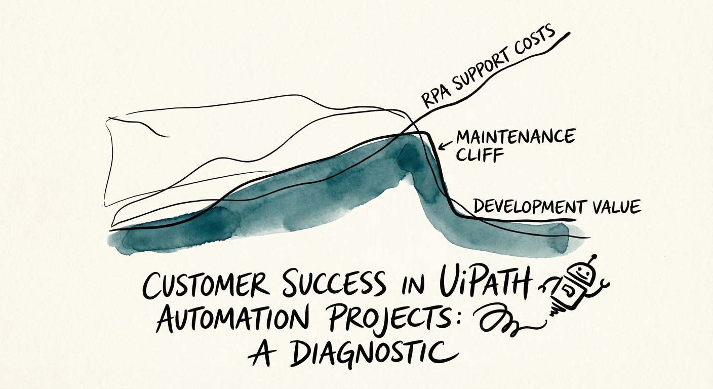 Diagnostic chart showing the 'Maintenance Cliff' where RPA support costs overtake development value
