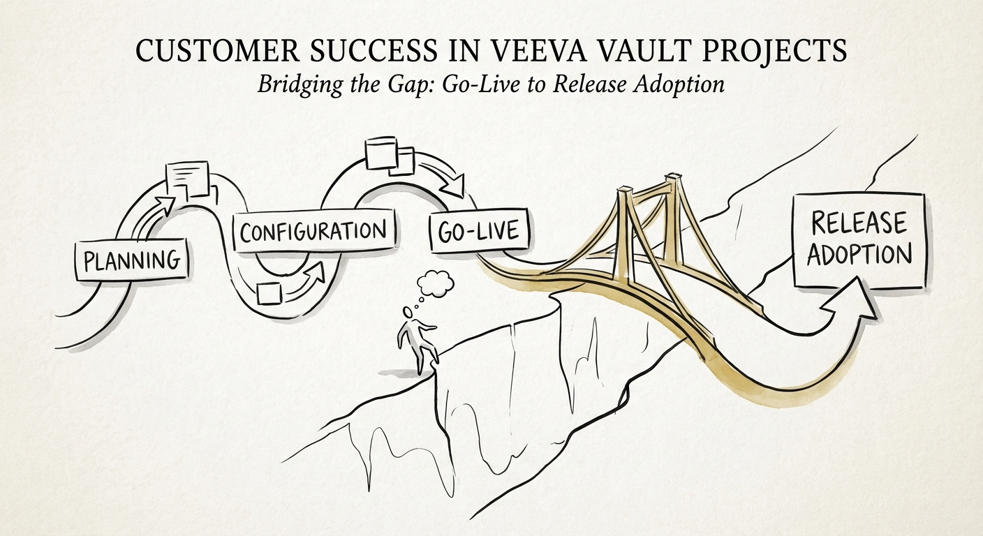 Veeva Vault implementation lifecycle diagram showing the gap between Go-Live and Release Adoption.