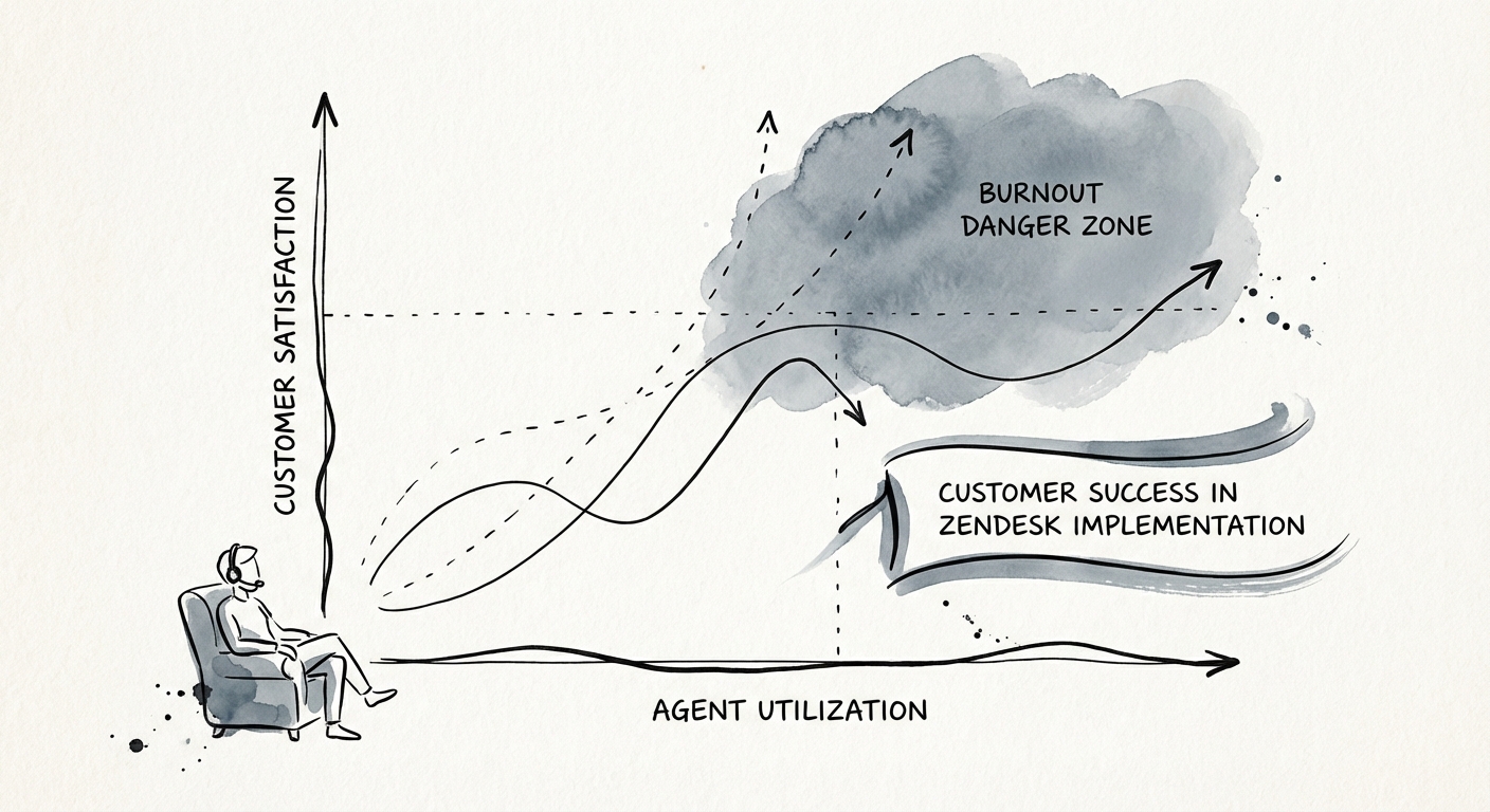 Chart comparing agent utilization rates against customer satisfaction scores, highlighting the burnout danger zone.