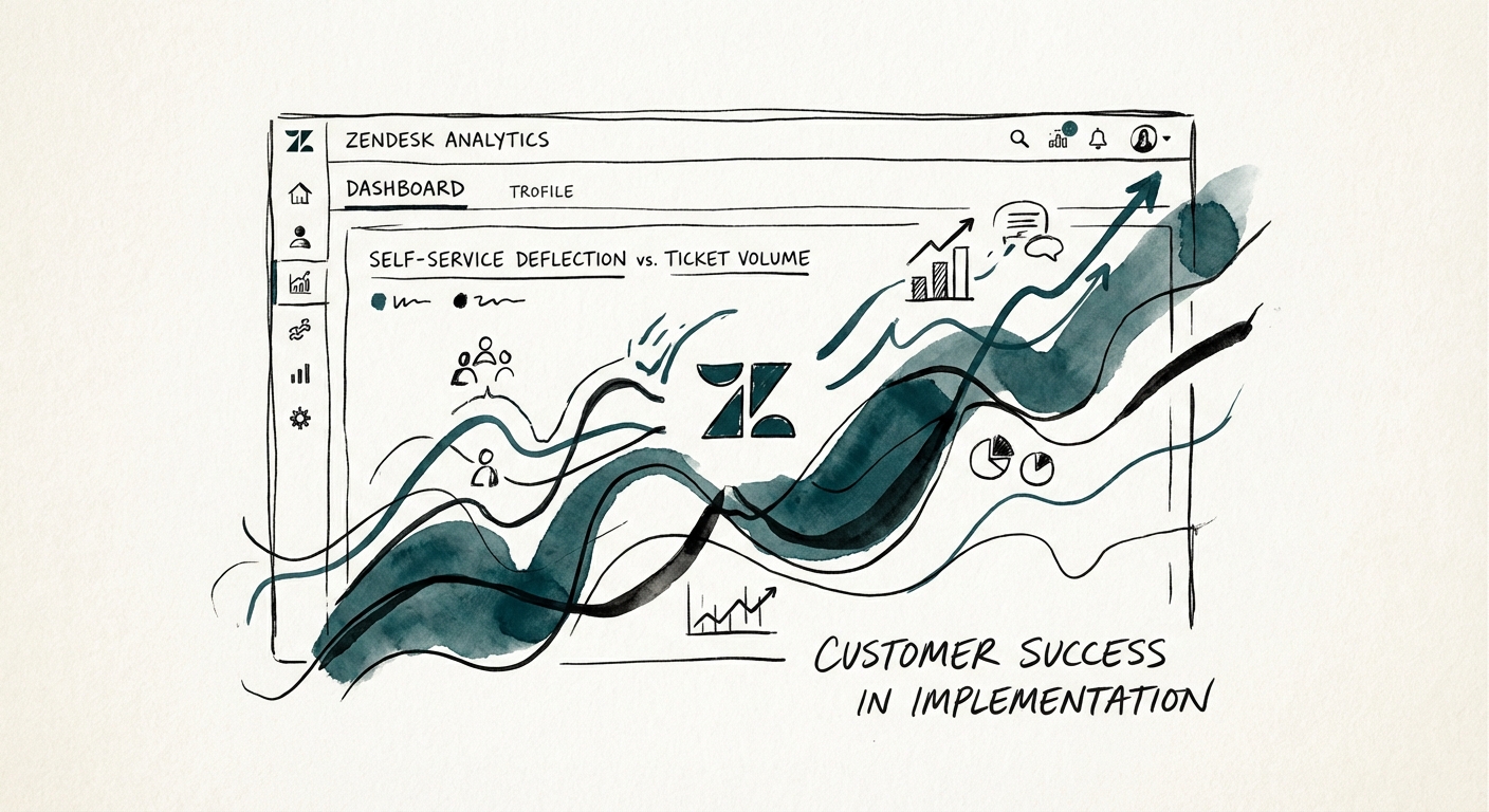 Dashboard showing Zendesk analytics with a focus on self-service deflection rates versus ticket volume.