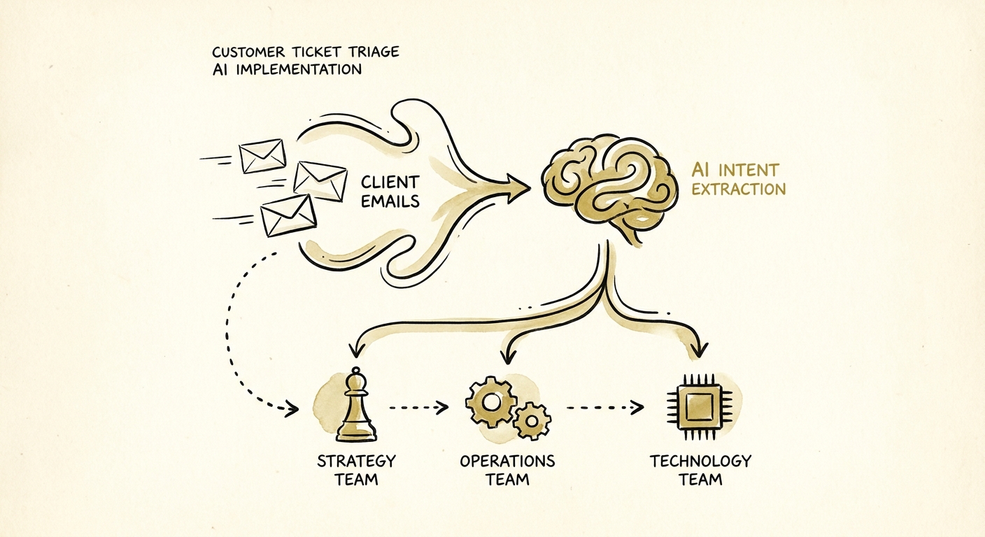 Customer ticket triage AI workflow showing classification, routing rules, review queue, and service metrics.