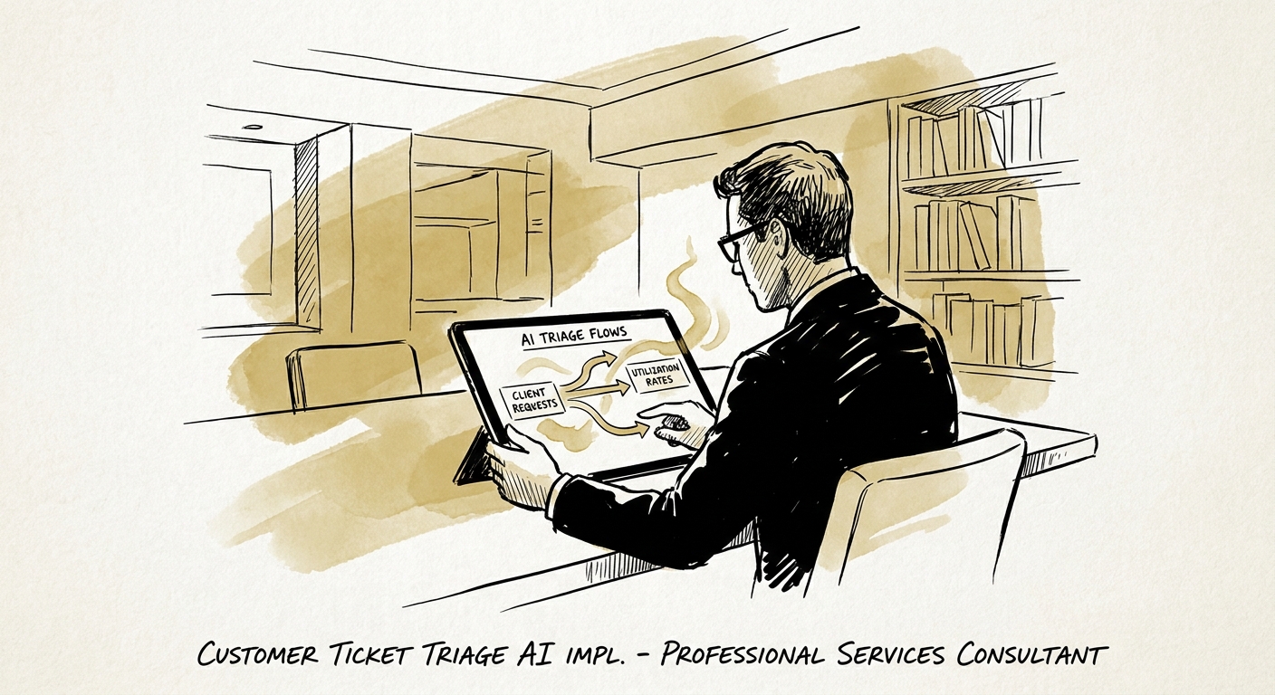 Professional-services operations lead reviewing ticket urgency, project context, and routing rationale before AI triage is accepted.