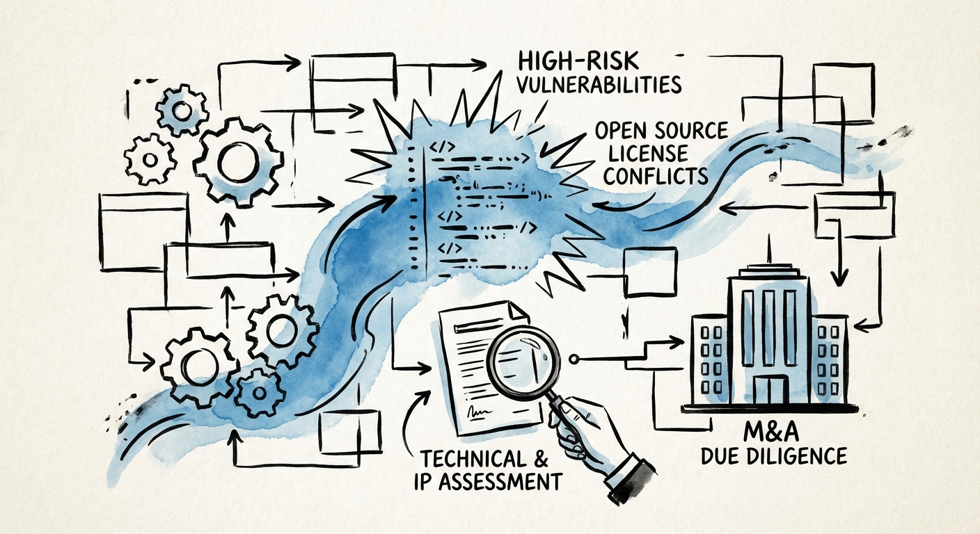 Cybersecurity code audit interface showing high-risk vulnerabilities and open source license conflicts during M&A due diligence.