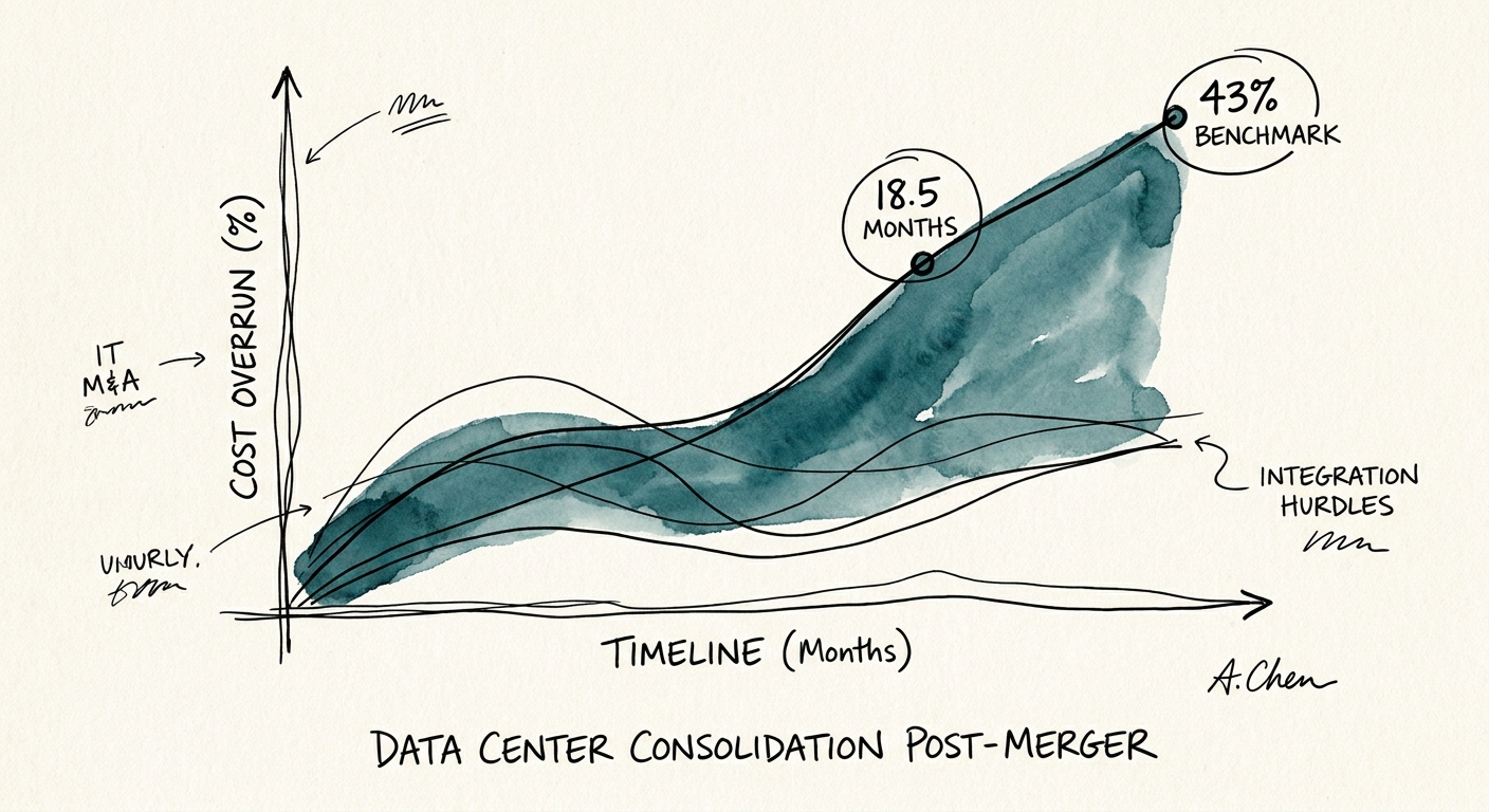 Chart displaying the 43% cost overrun benchmarks and 18.5-month timelines in IT M&A consolidation.