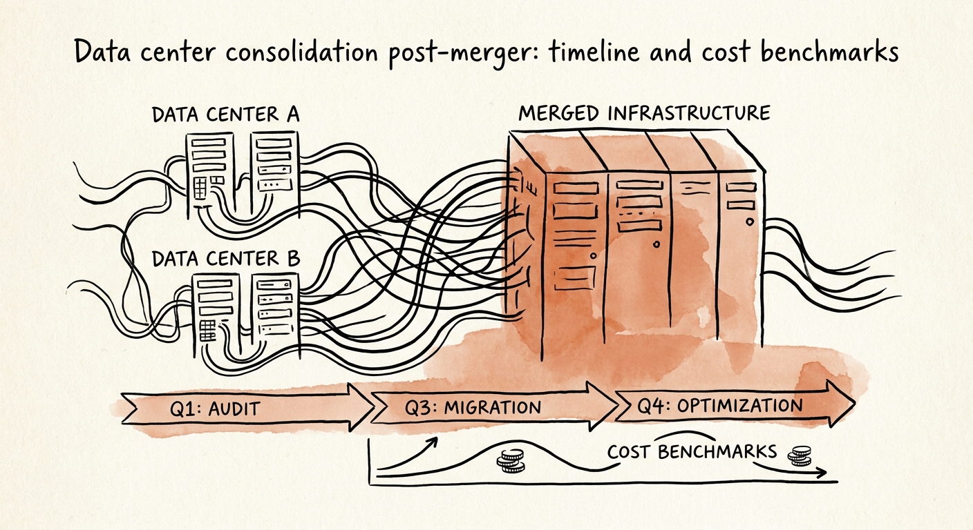 Data center server racks illustrating the complexity of post-merger infrastructure integration.