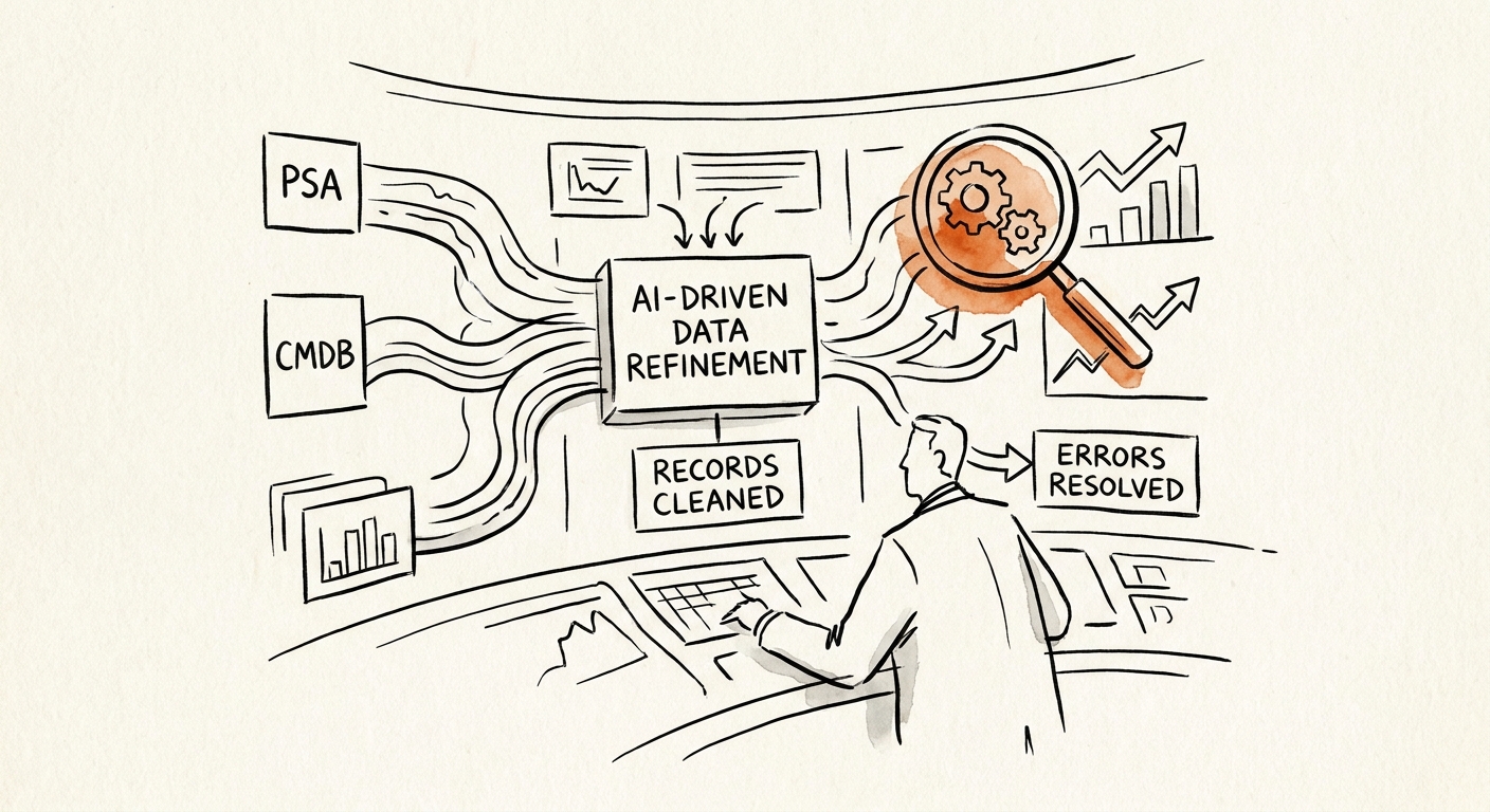 An IT services operator reviewing a governed AI workflow for data cleanup.