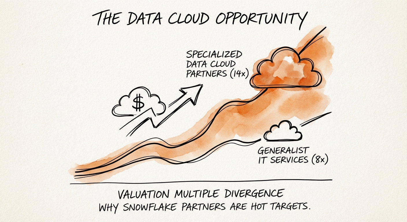 Chart showing valuation multiple divergence between Generalist IT Services (8x) and Specialized Data Cloud Partners (14x)