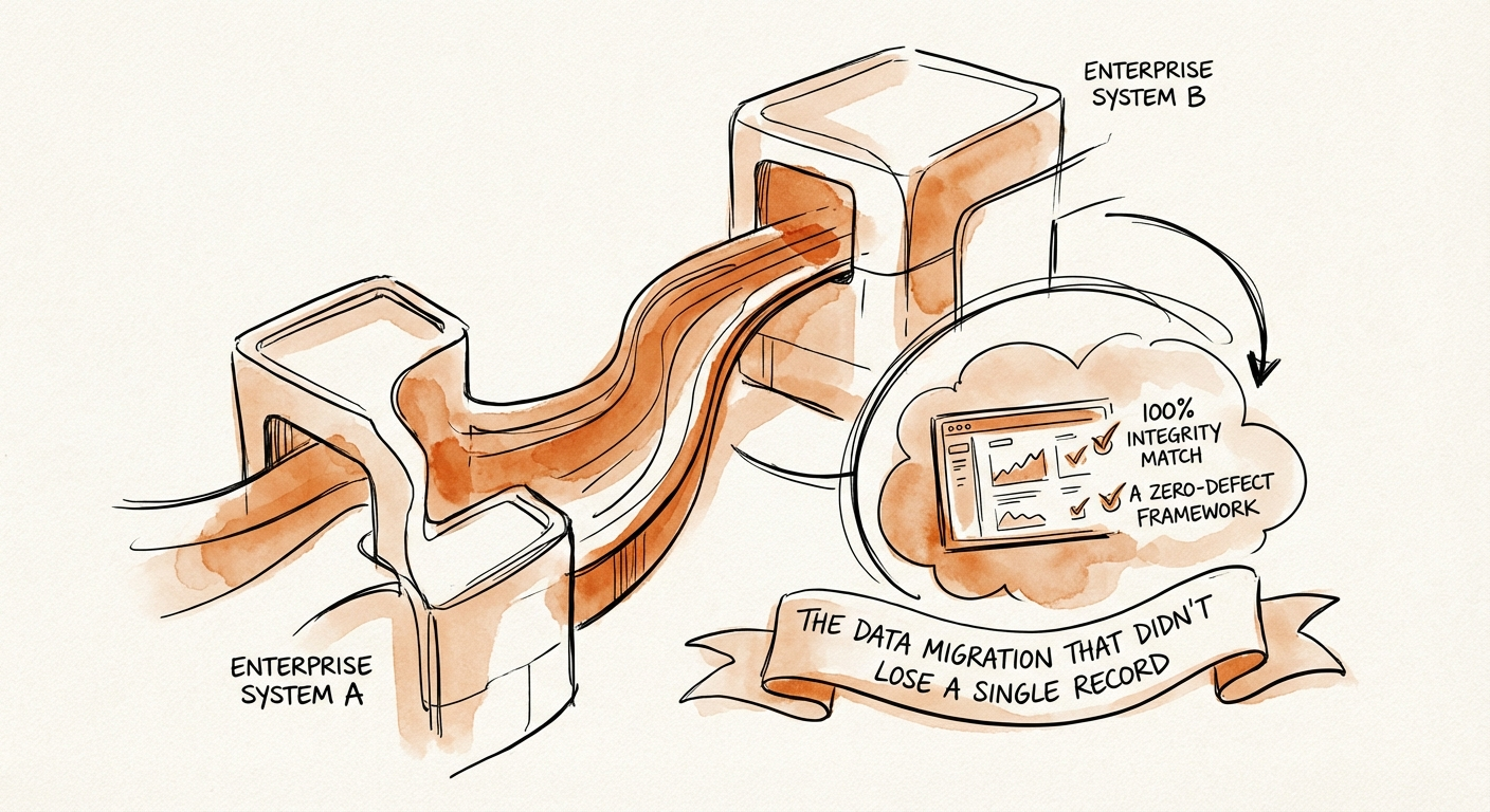 Data migration dashboard showing 100% integrity match across two enterprise systems