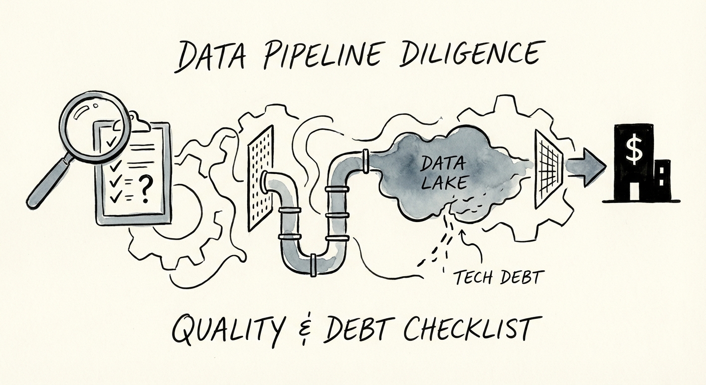 A specialized due diligence checklist for evaluating data pipeline quality and technical debt in analytics company acquisitions.