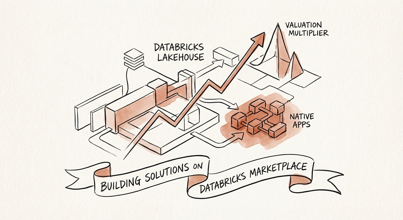 A digital illustration showing the Databricks Lakehouse architecture with a valuation multiplier graph overlaid, highlighting the growth of Native Apps.