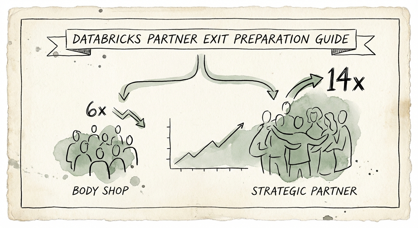 Databricks Partner Valuation Multiples Chart showing the gap between Body Shop (6x) and Strategic Partner (14x)