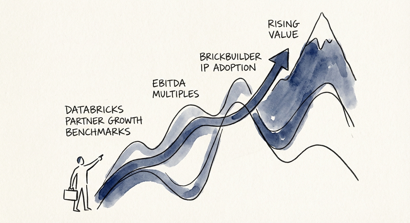Databricks partner valuation growth chart showing EBITDA multiples rising with Brickbuilder IP adoption