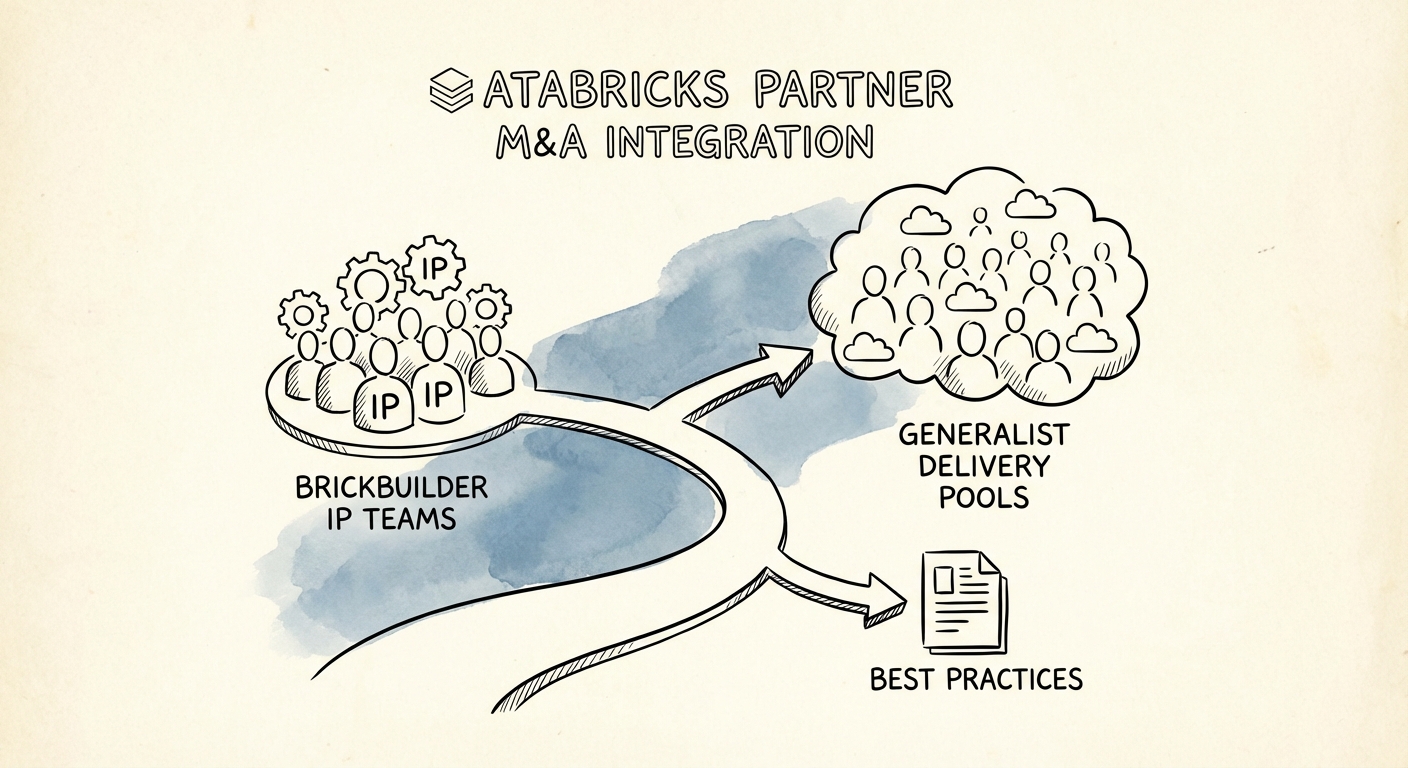 A specialized Databricks partner integration roadmap showing the separation of 'Brickbuilder' IP teams from generalist delivery pools.