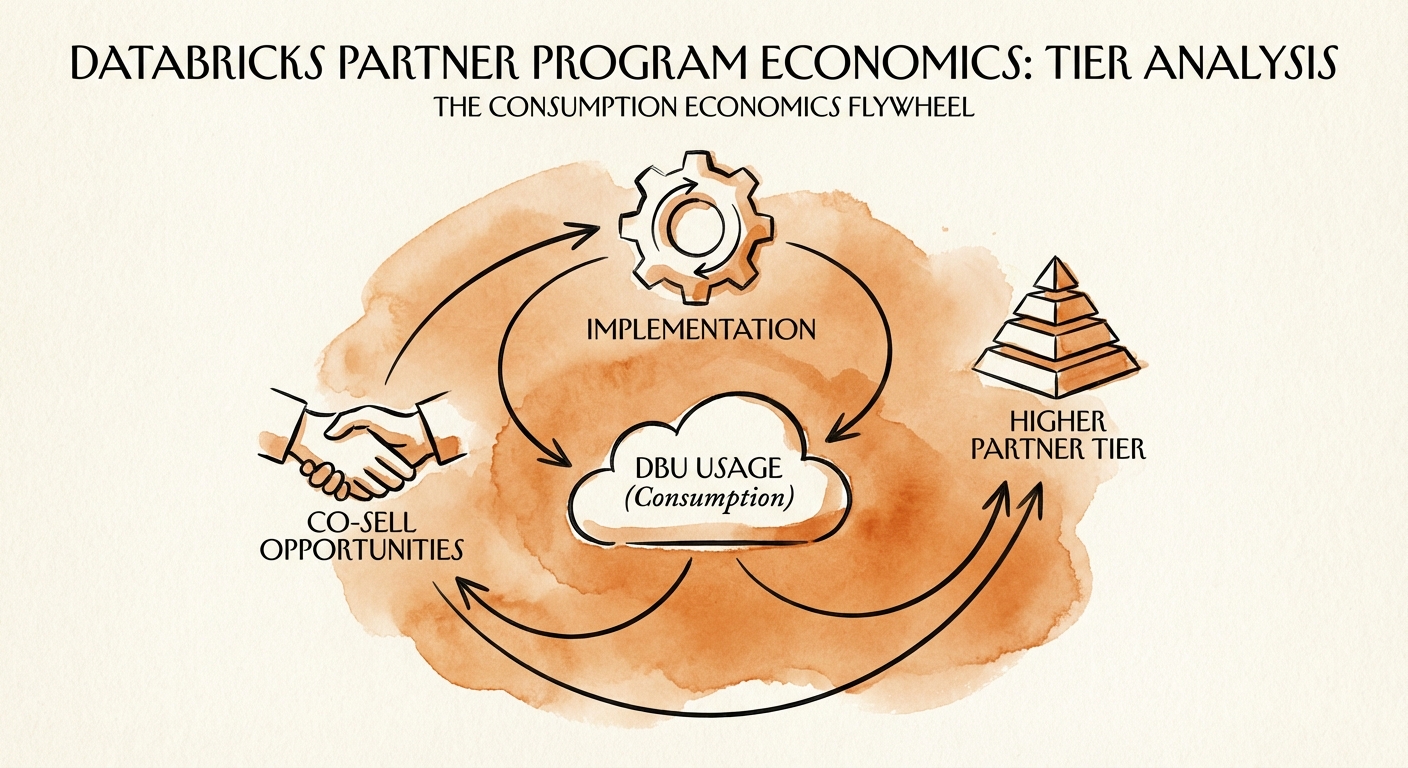 Chart illustrating the 'Consumption Economics' flywheel: Implementation leads to DBU usage, which drives higher partner tier status and co-sell opportunities.