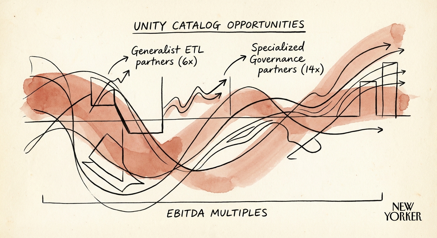 Comparison chart showing EBITDA multiples of Generalist ETL partners (6x) versus Specialized Governance partners (14x).