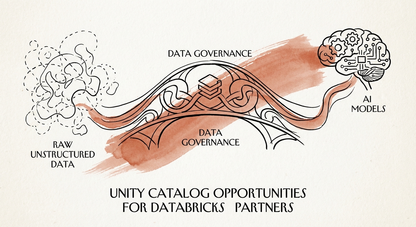 Abstract visualization of data governance acting as a bridge between raw unstructured data and AI models.