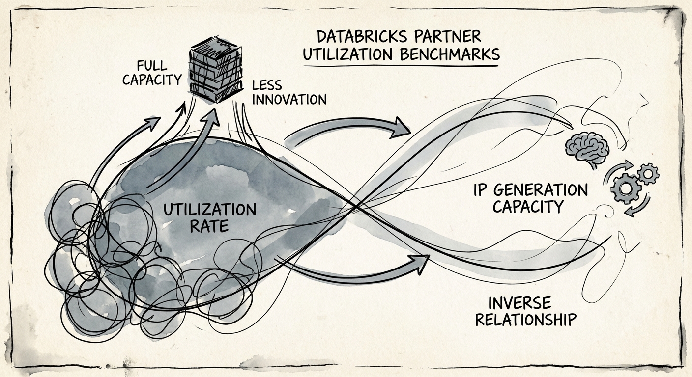 Diagram showing the inverse relationship between utilization rate and IP generation capacity in Databricks partner firms.