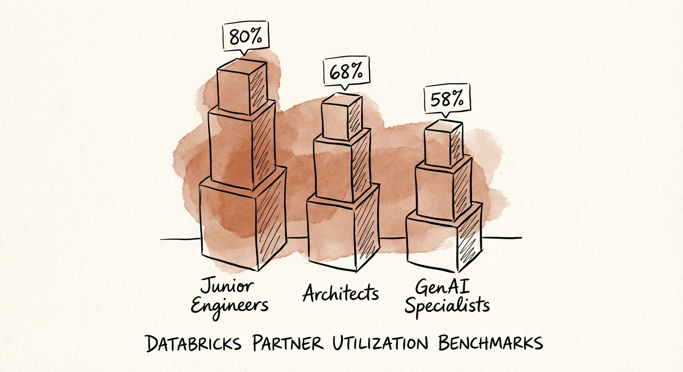 Chart comparing Databricks partner utilization rates by role: Junior Engineers at 80%, Architects at 68%, and GenAI Specialists at 58%.
