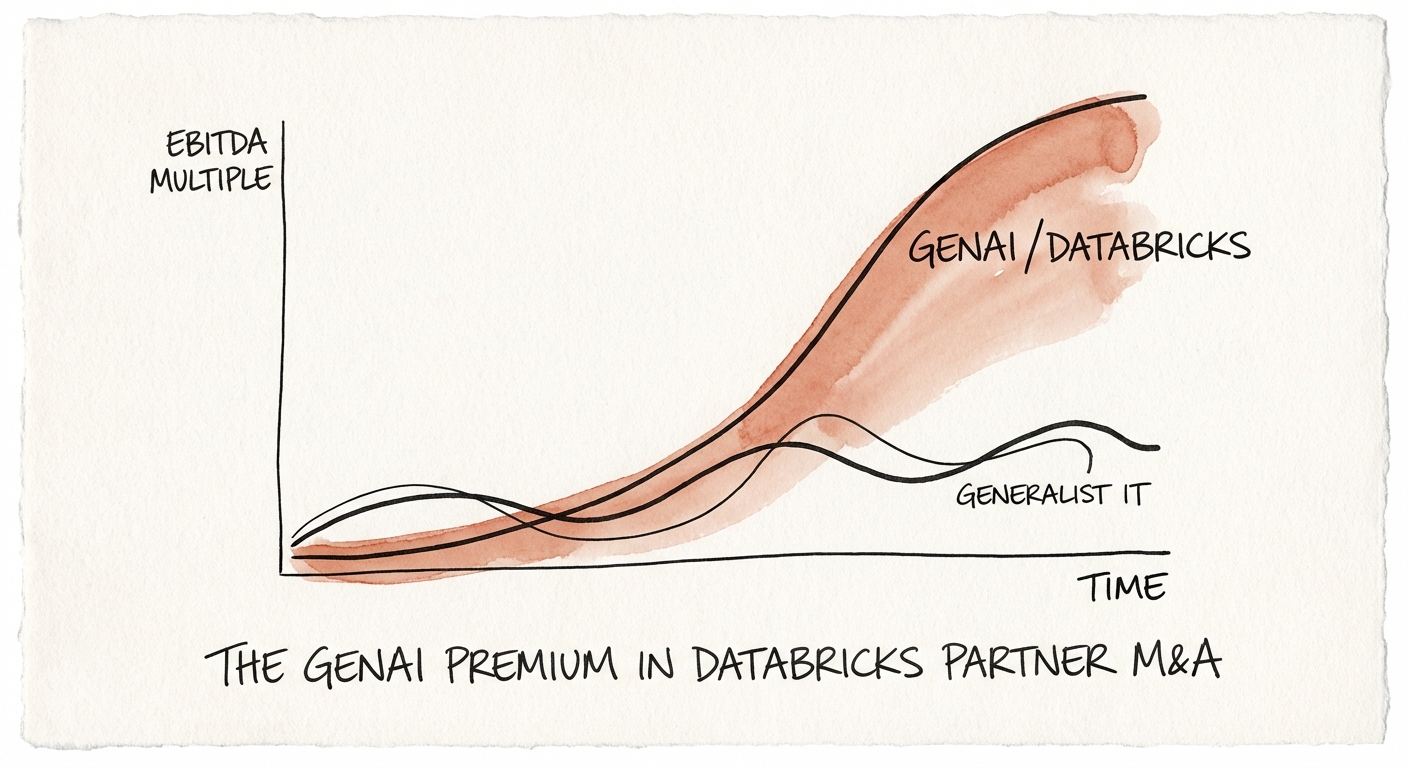Graph showing the divergence in EBITDA multiples between generalist IT service firms and GenAI-specialized Databricks partners.