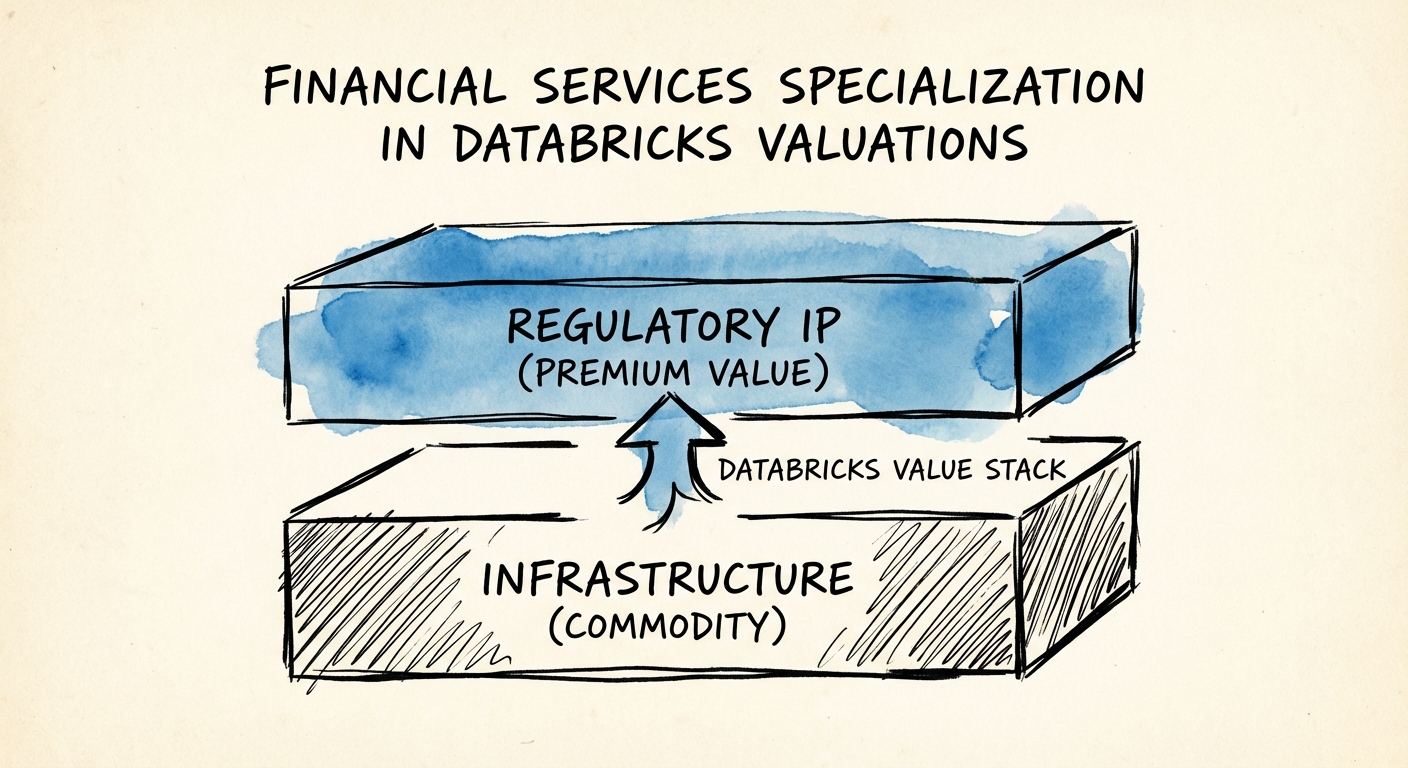 Diagram showing the 'Value Stack' of a Financial Services Databricks partner, layering 'Infrastructure' (commodity) under 'Regulatory IP' (premium value).