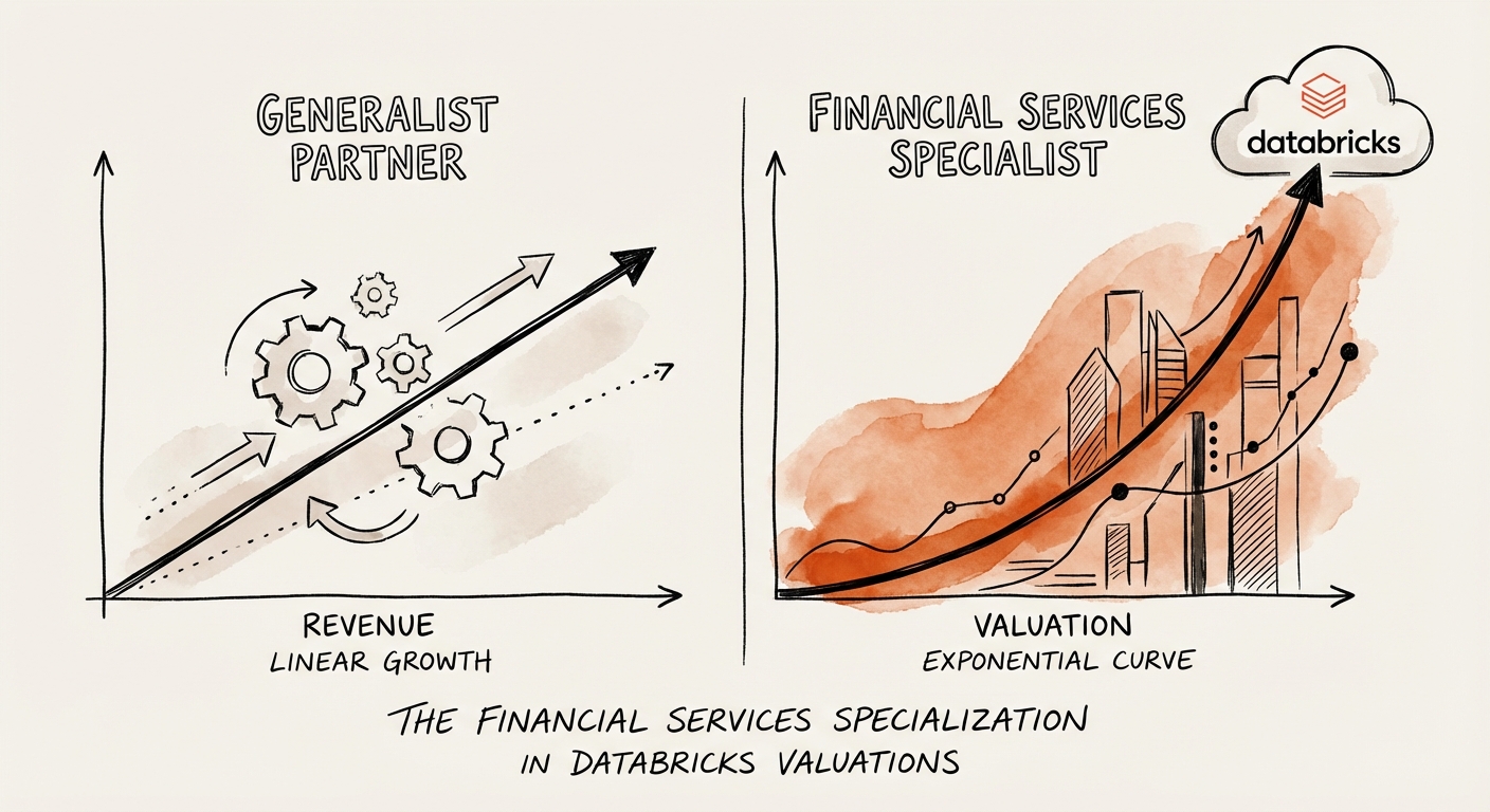 A split-screen visualization comparing a generalist Databricks partner's linear revenue growth versus a Financial Services specialist's exponential valuation curve.