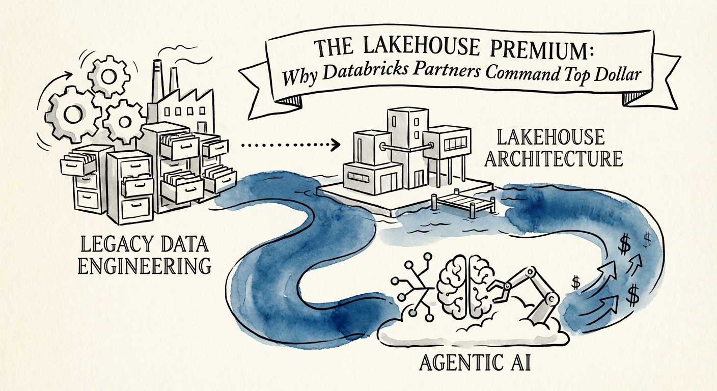 Diagram illustrating the value chain from Legacy Data Engineering to Lakehouse Architecture and finally Agentic AI.