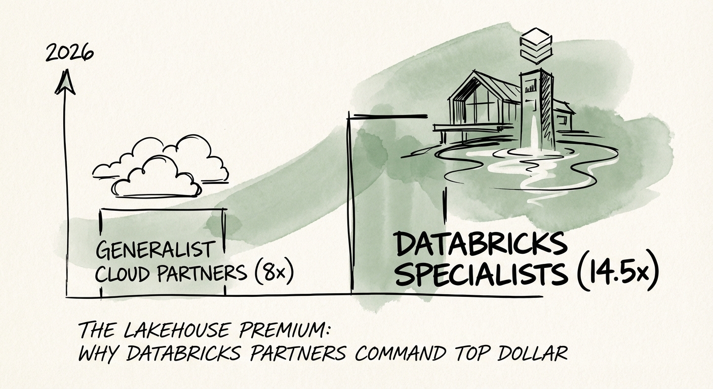 Chart showing valuation multiple disparity between Generalist Cloud Partners (8x) and Databricks Specialists (14.5x) in 2026.