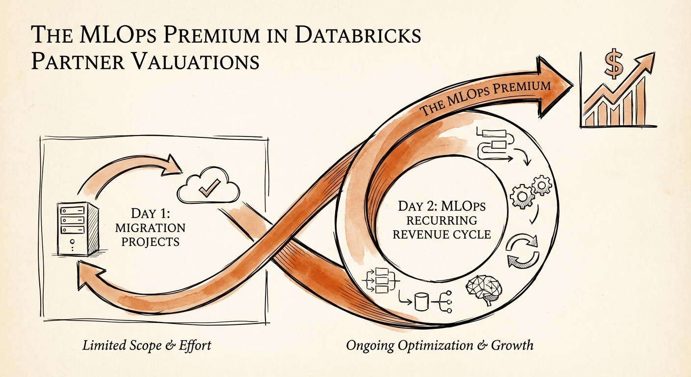Diagram illustrating the 'Day 2' MLOps recurring revenue cycle vs 'Day 1' migration projects.