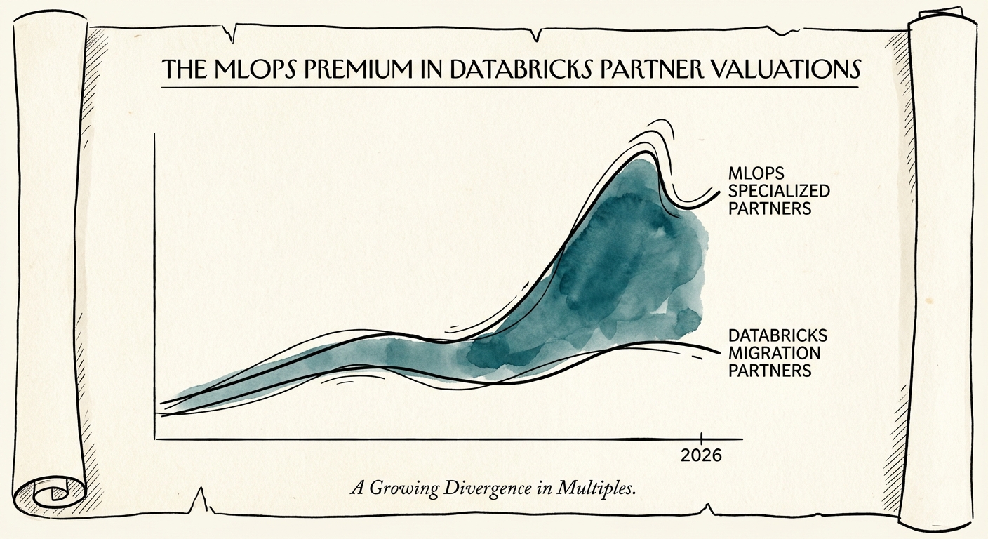 Graph showing the divergence of valuation multiples between Databricks migration partners and MLOps specialized partners in 2026.
