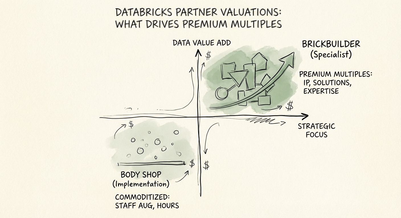 A valuation matrix comparing Databricks 'Body Shop' implementation firms versus 'Brickbuilder' specialist firms.