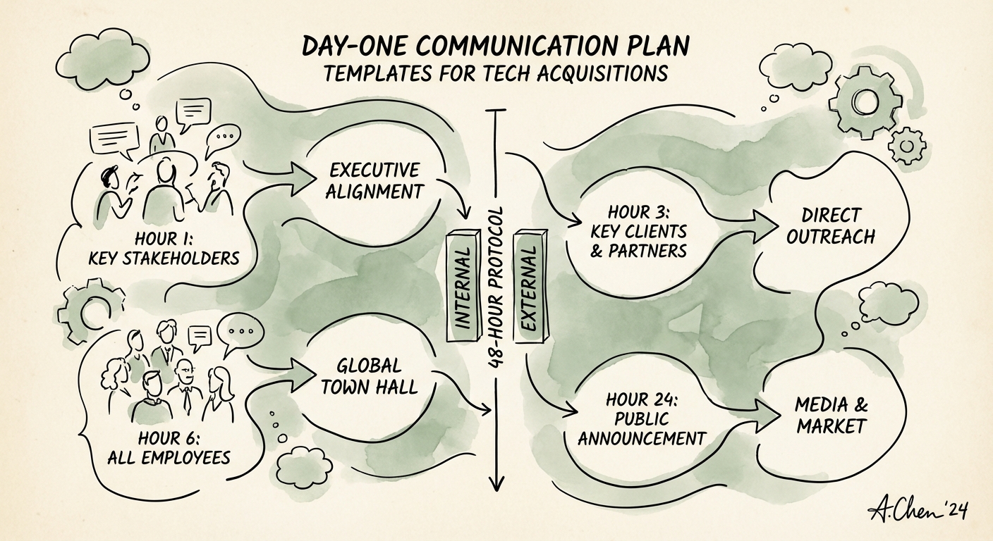 Diagram showing the 48-hour communication protocol for tech acquisitions, broken down by hour and stakeholder group.