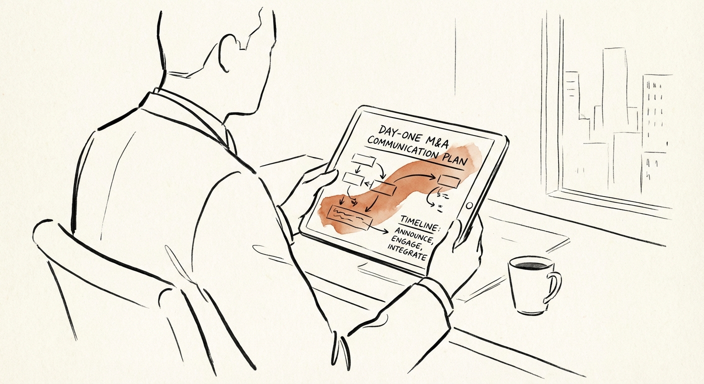 Private Equity Operating Partner reviewing a Day-One M&A communication timeline on a tablet.
