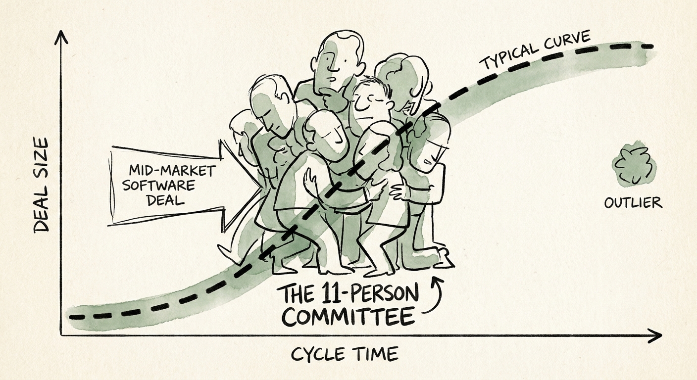 A visual representation of the 11-person enterprise buying committee holding up a mid-market software deal.