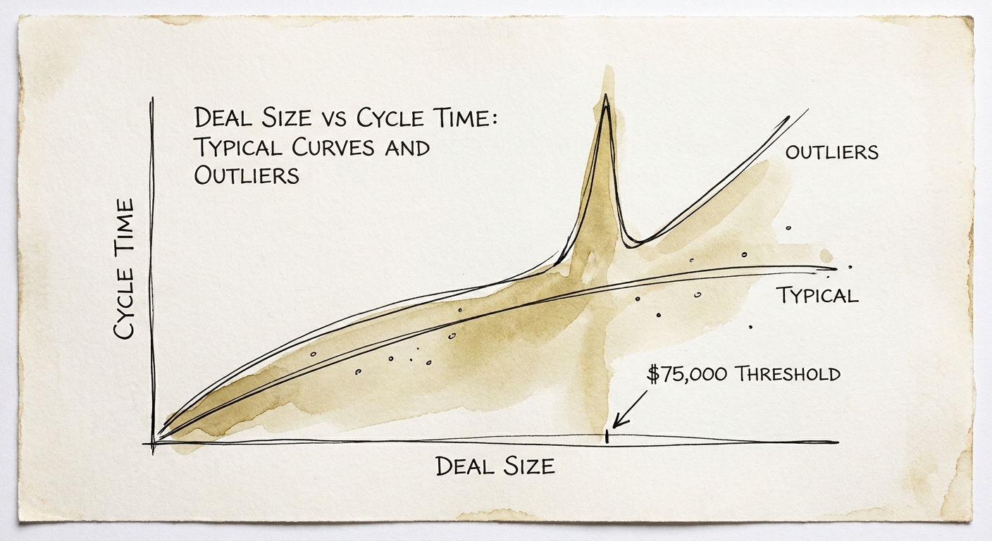 A line chart showing a dramatic spike in sales cycle times once deal sizes cross the $75,000 threshold.