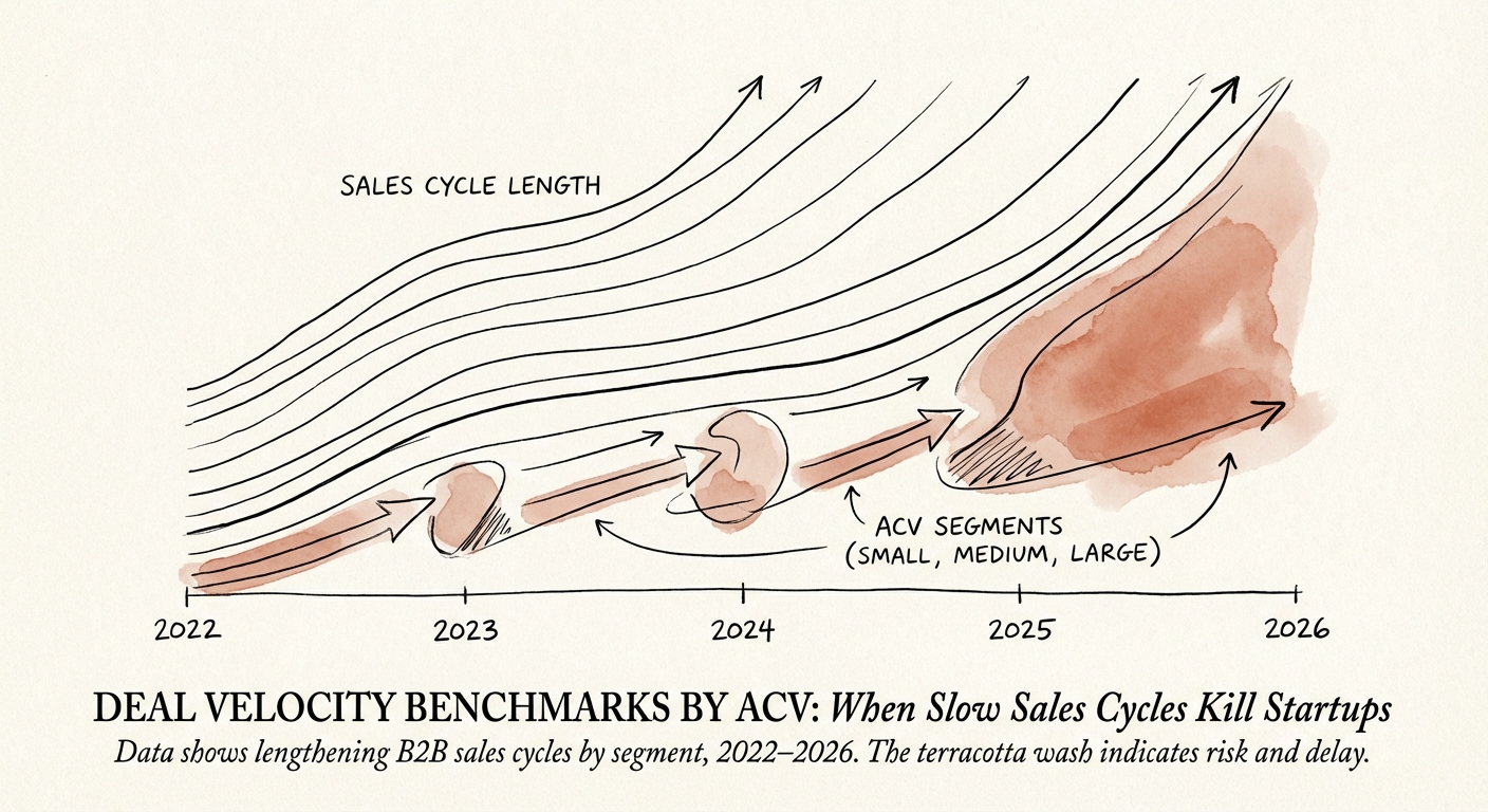 A data visualization showing the lengthening of B2B sales cycles by ACV segment from 2022 to 2026.