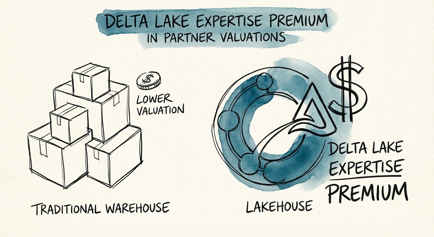 Diagram comparing Traditional Data Warehouse architecture vs. Lakehouse architecture valuation drivers