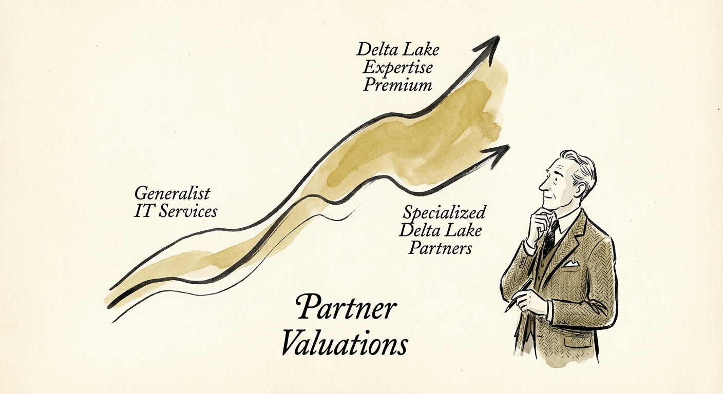 Chart showing valuation multiple divergence between generalist IT services and specialized Delta Lake data partners