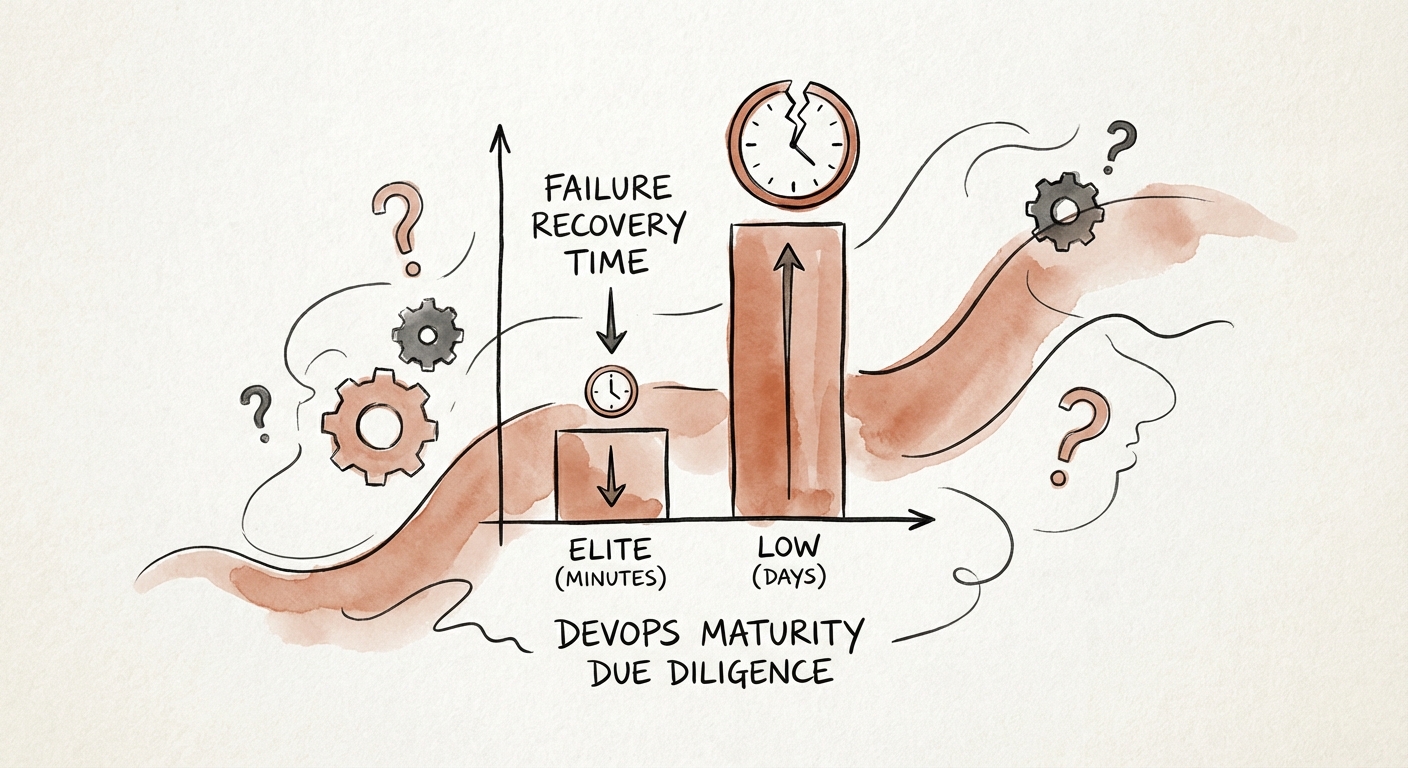 Chart comparing failure recovery times: Elite performers recover in minutes while low performers take days, illustrating the operational risk for PE buyers.