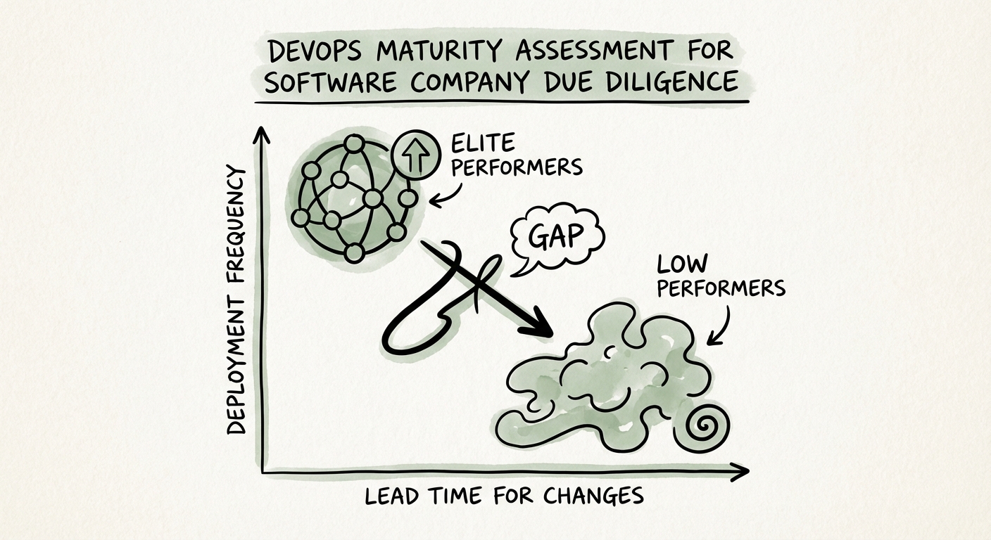 DevOps maturity maturity matrix showing the gap between elite and low performers in deployment frequency and lead time for changes.