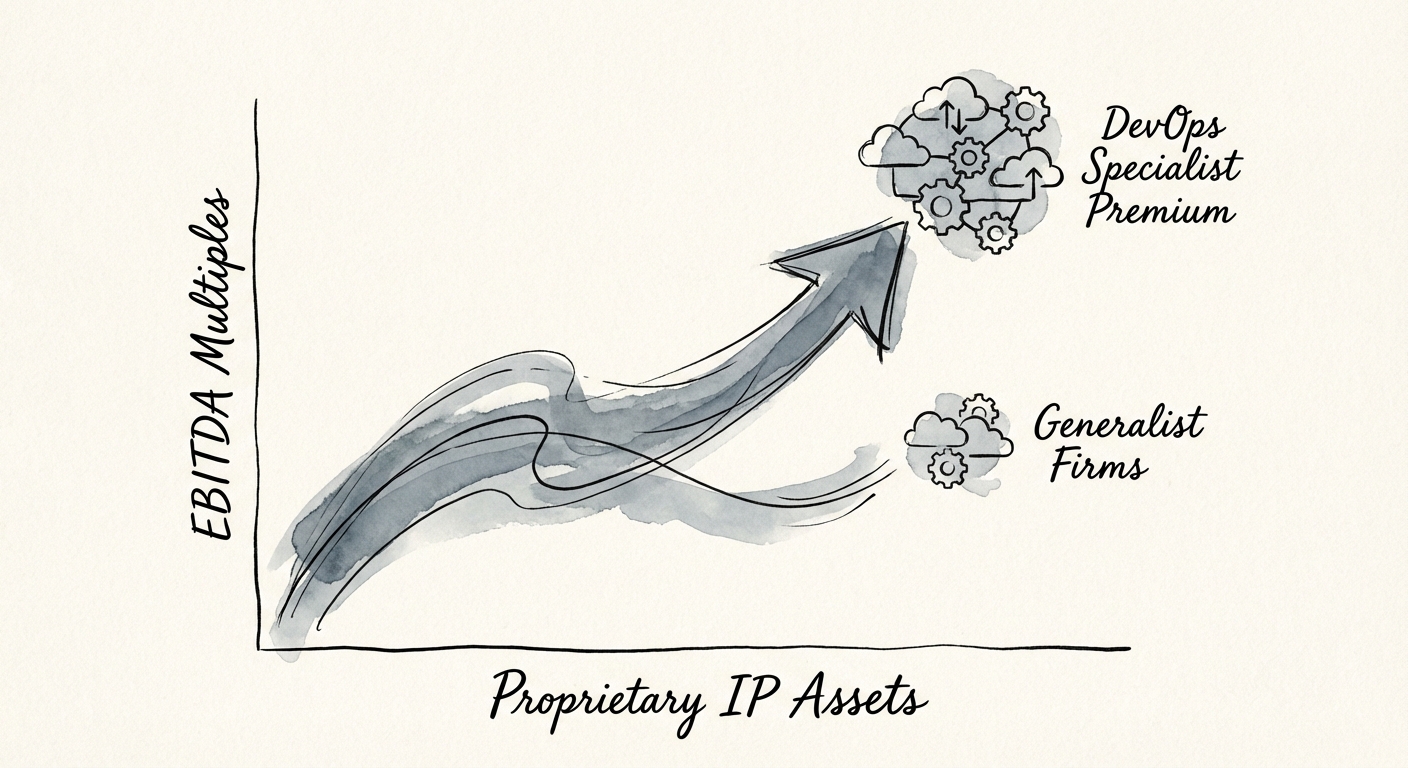 Chart showing the correlation between proprietary IP assets and EBITDA multiples in IT services M&A.